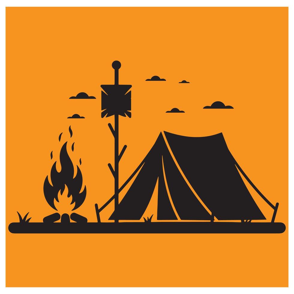 Camping adventure scene with tent campfire and a flag against a vibrant orange background vector