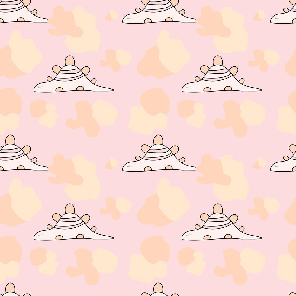Hand-drawn lazy dinosaur on a light pink background. Seamless pattern is animal for clothing, fabric, wallpaper, backdrop, home decoration, cover book, and wall art. vector