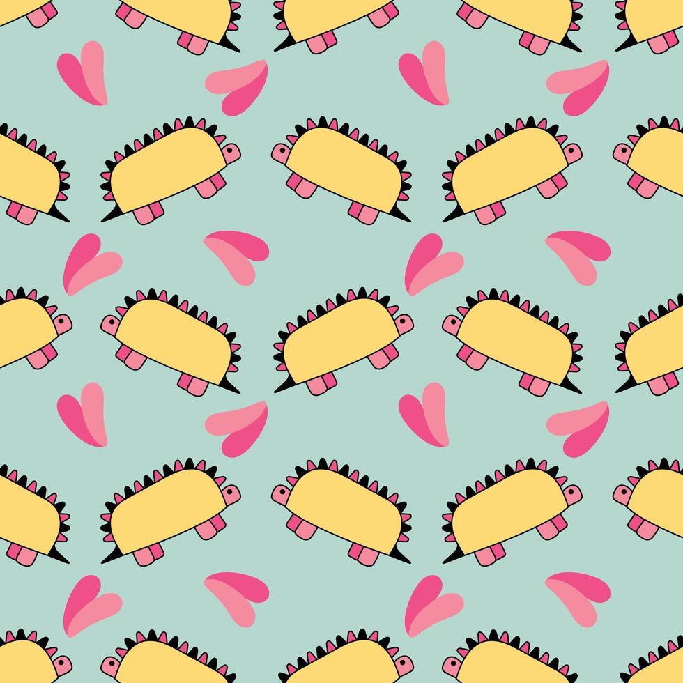 Hand-drawn minimal dinosaur on a light green background. Seamless pattern is animal for clothing, fabric, wallpaper, backdrop, home decoration, cover book, and wall art. vector