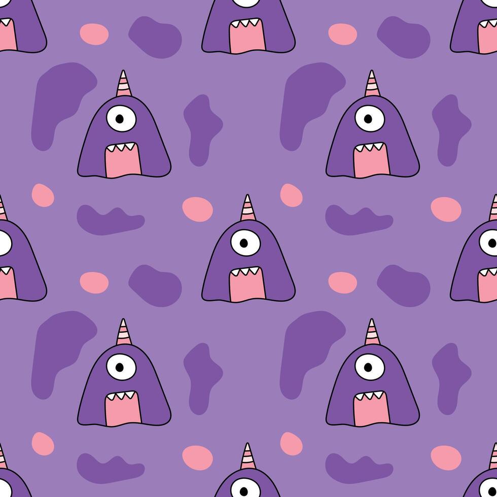 Hand-drawn funny monster on a light purole background. Seamless pattern is halloween for clothing, fabric, wallpaper, backdrop, home decoration, cover book, and wall art. vector