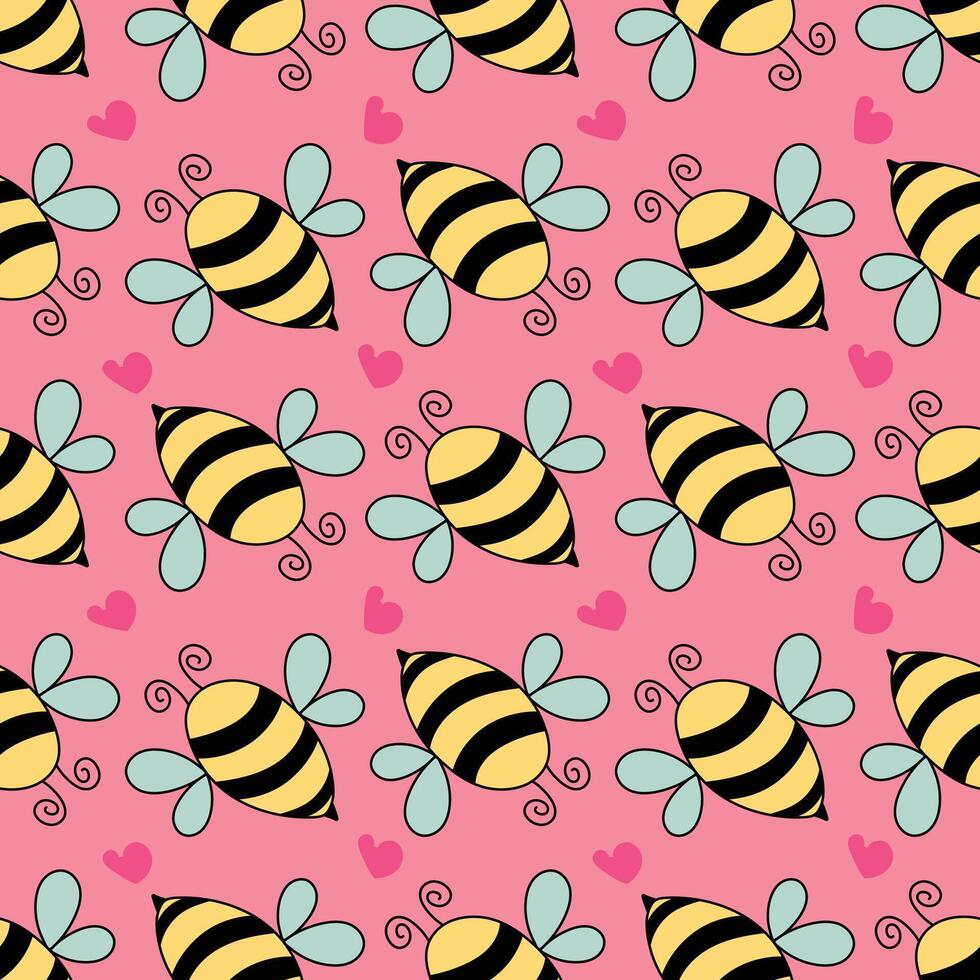 Hand-drawn minimal bee on a pink background. Seamless pattern is animal for clothing, fabric, wallpaper, backdrop, home decoration, cover book, and wall art. vector