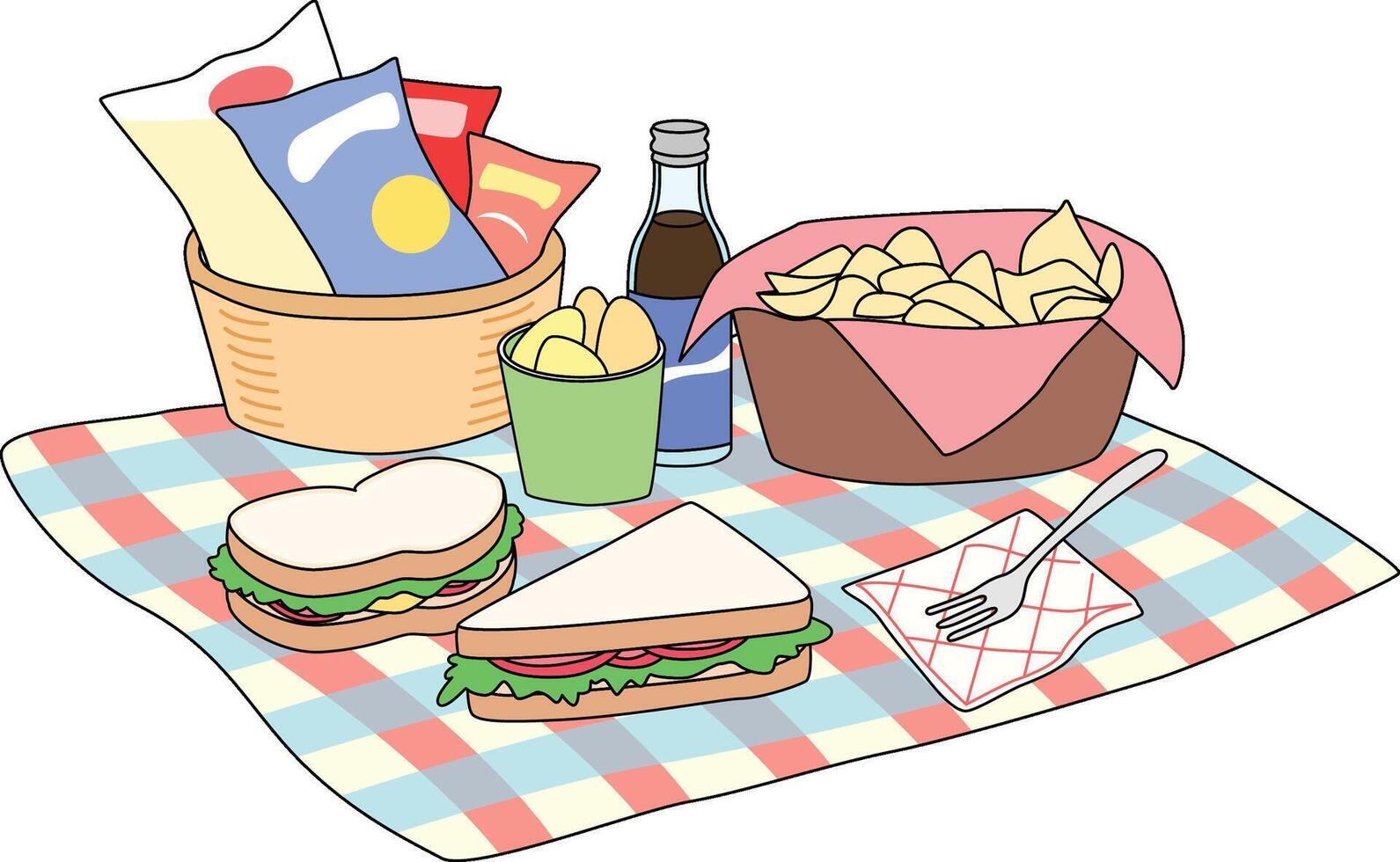 Chips in basket, coke, sandwiches Picnic Illustration vector