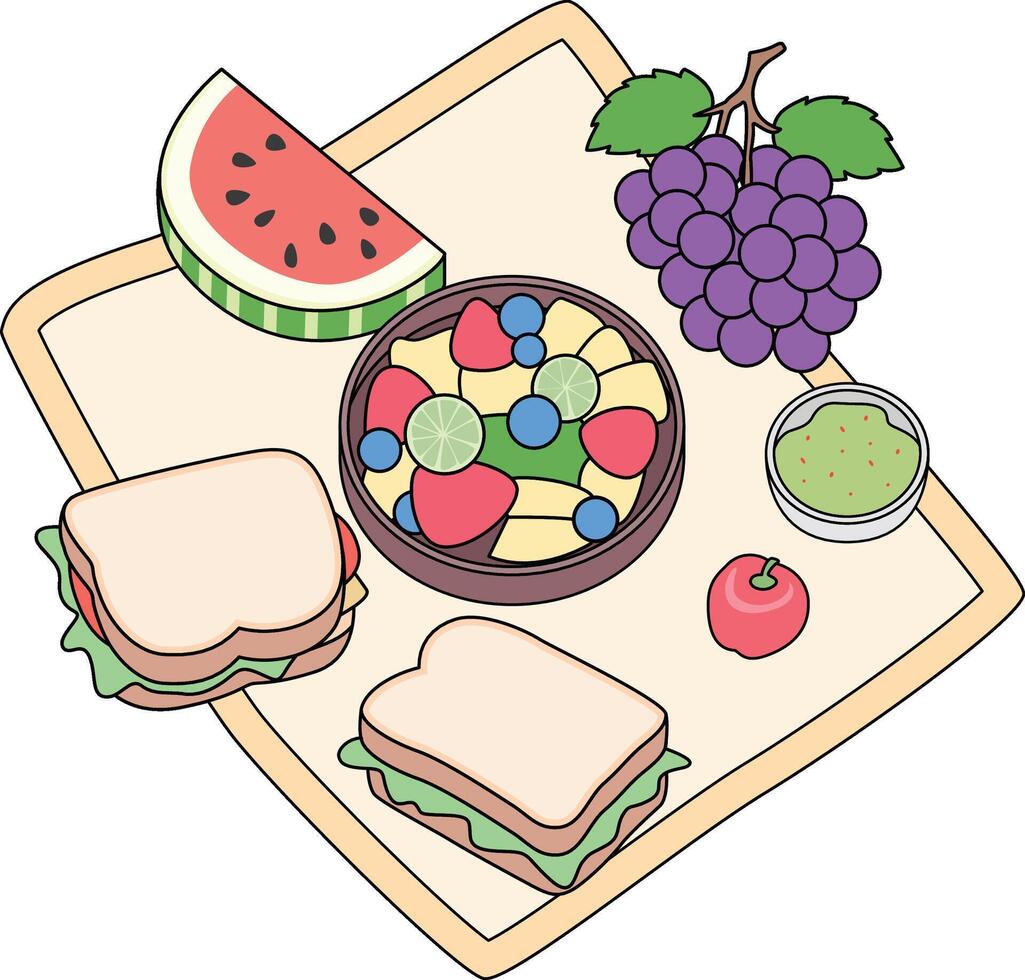 Fruit salad, sandwiches, grape, watermelon Picnic Illustration vector