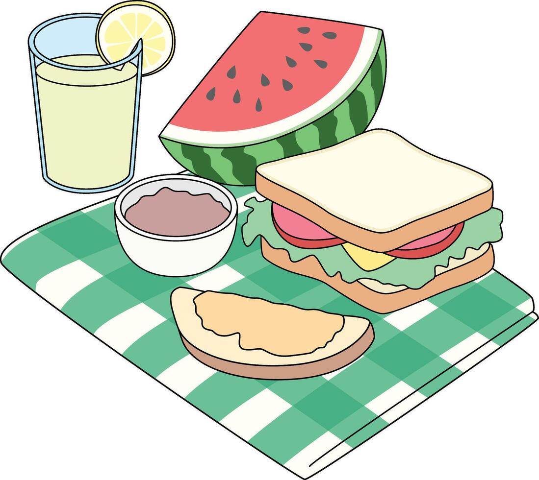 sandwich, watermelon, lemonade Picnic Illustration vector