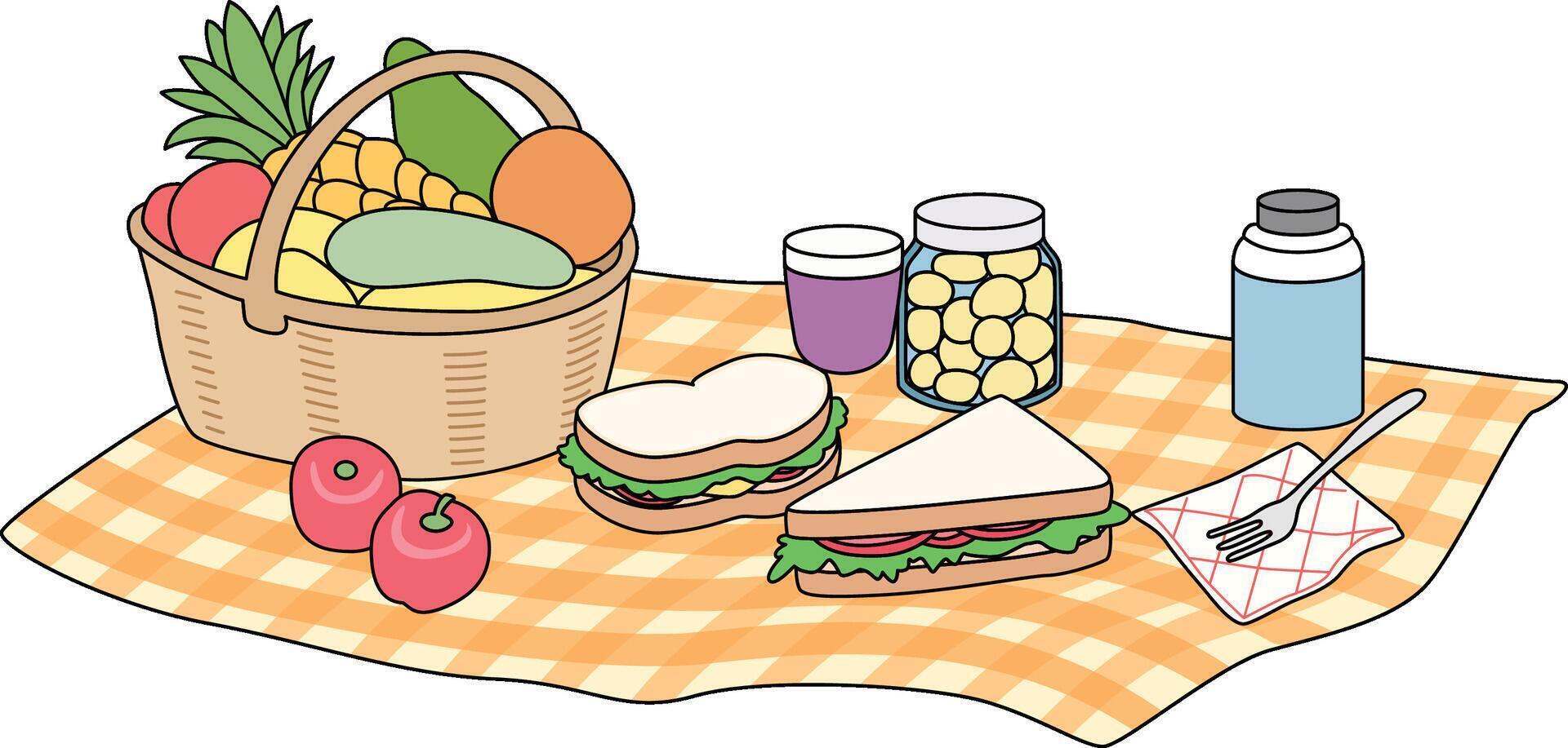 Fruit basket, sandwiches, snack, apples Picnic Illustration vector