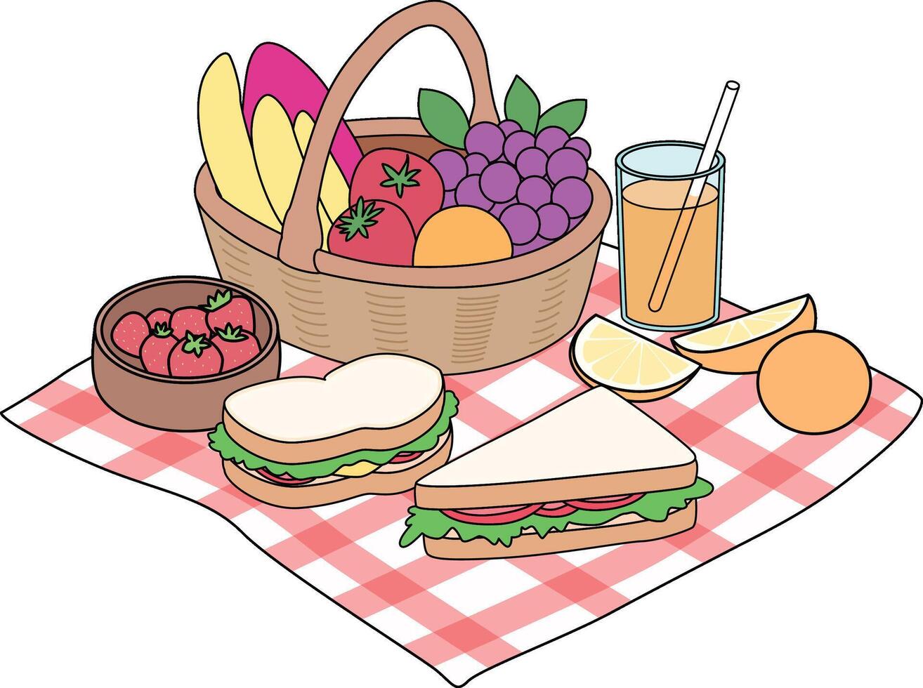 Fruit Basket, strawberries, sandwiches, orange juice Picnic Illustration vector