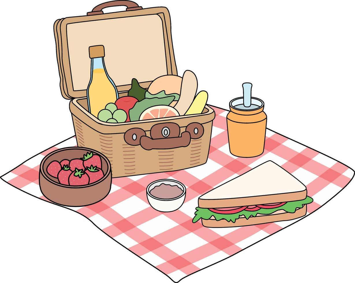 Fruit box, sandwich, orang juice, strawberries Picnic Illustration vector