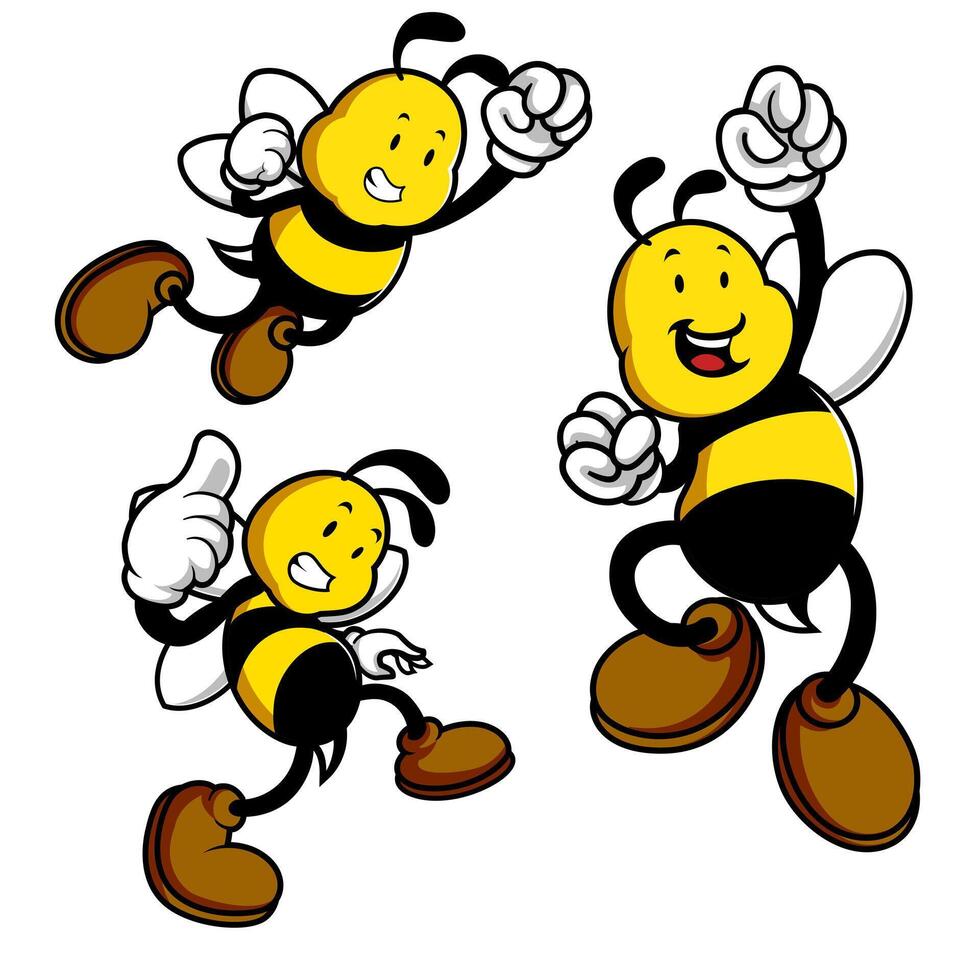 Cute Cartoon Bee Mascot Set, Happy Flying Bees vector