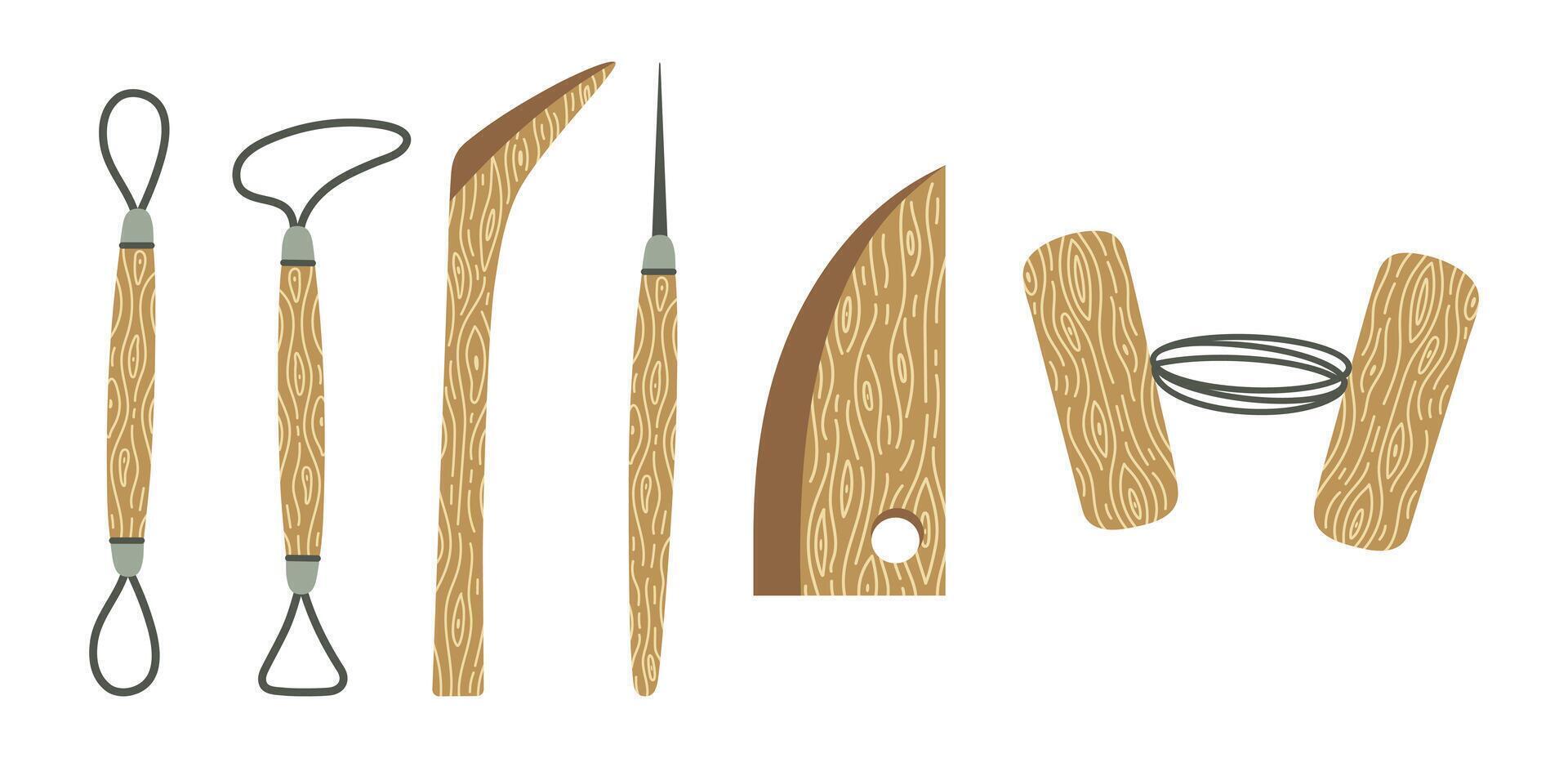 Pottery tools set. Double ended instrument with a metal loop, rib tool, clay cutting wire with wooden toggles. Equipment for homemade sculpture, ceramic, clay modeling. Hobby devices, flat art vector