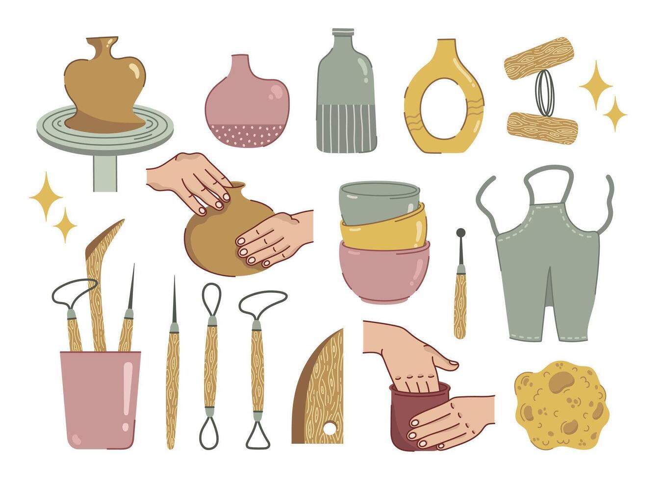 Pottery icon set. Artist sculpts from clay. Craft tools, sponge, ceramic vases and dishes, apron. Hands form a mug, clay cutting wire. Instruments for workshop modeling. Hobby elements bundle vector