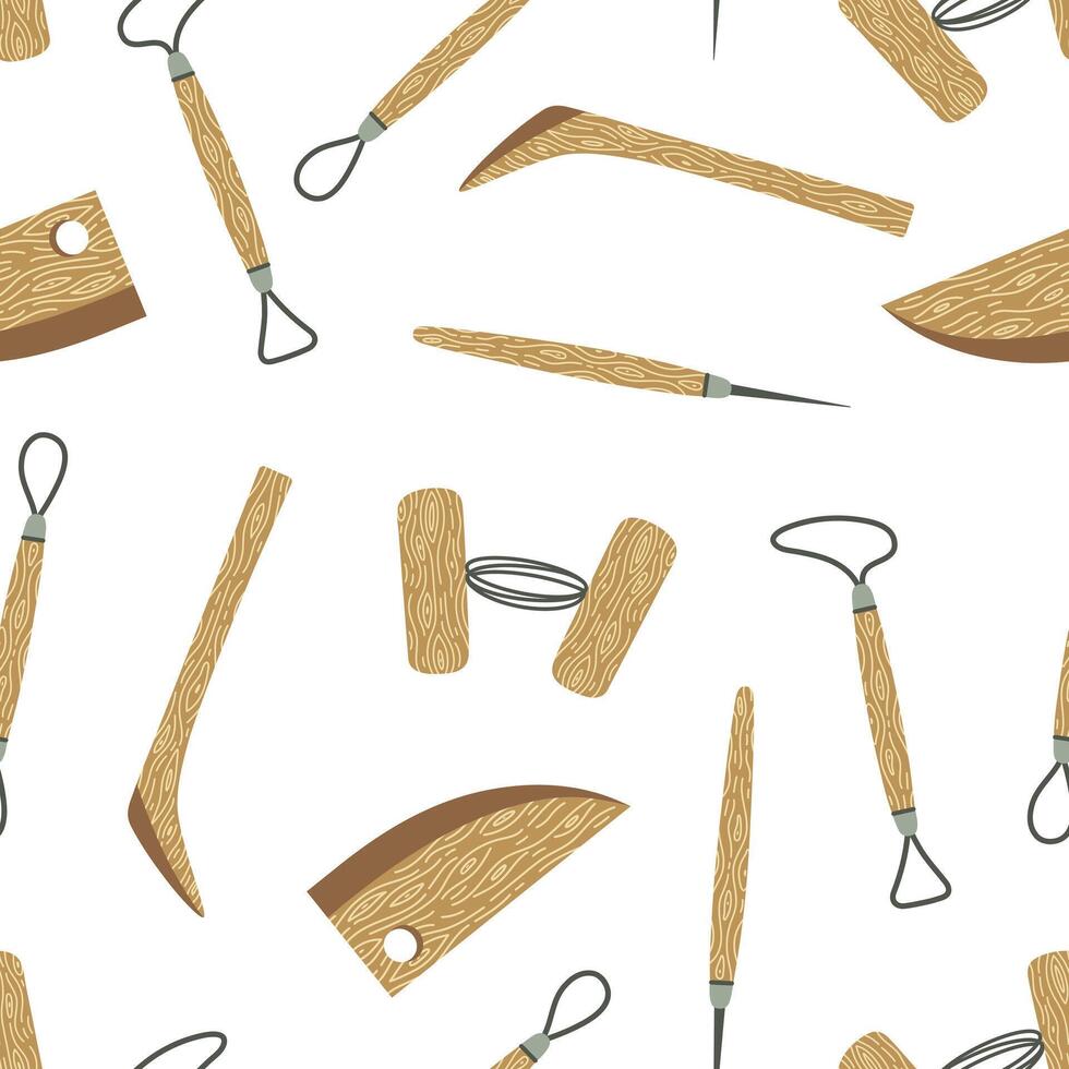 Pottery tools, seamless pattern. Double ended instrument with a metal loop, rib tool, clay cutting wire. Equipment for homemade sculpture, ceramic, modeling, shaping. Hobby craft background vector