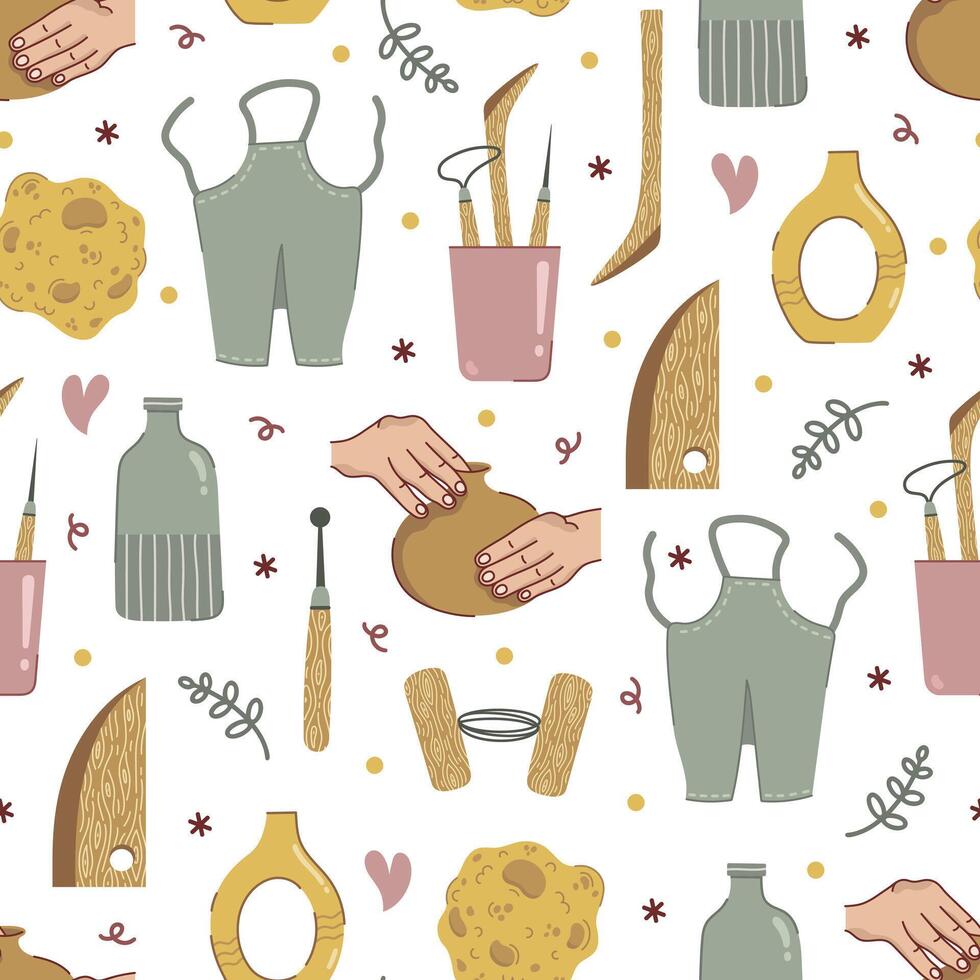 Pottery seamless pattern. Artist sculpts from clay. Craft tools, sponge, ceramic vases, apron. Hands form a jug, clay cutting wire. Instruments for homemade modeling, shaping. Hobby background vector