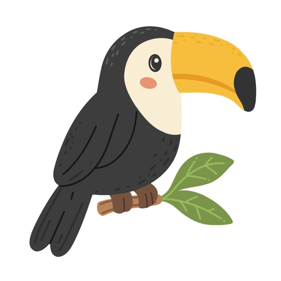 Toucan on branch with green leaves, jungle, wild animal. Cartoon style. For kids content, jungle animals, or tropical designs. White background. vector
