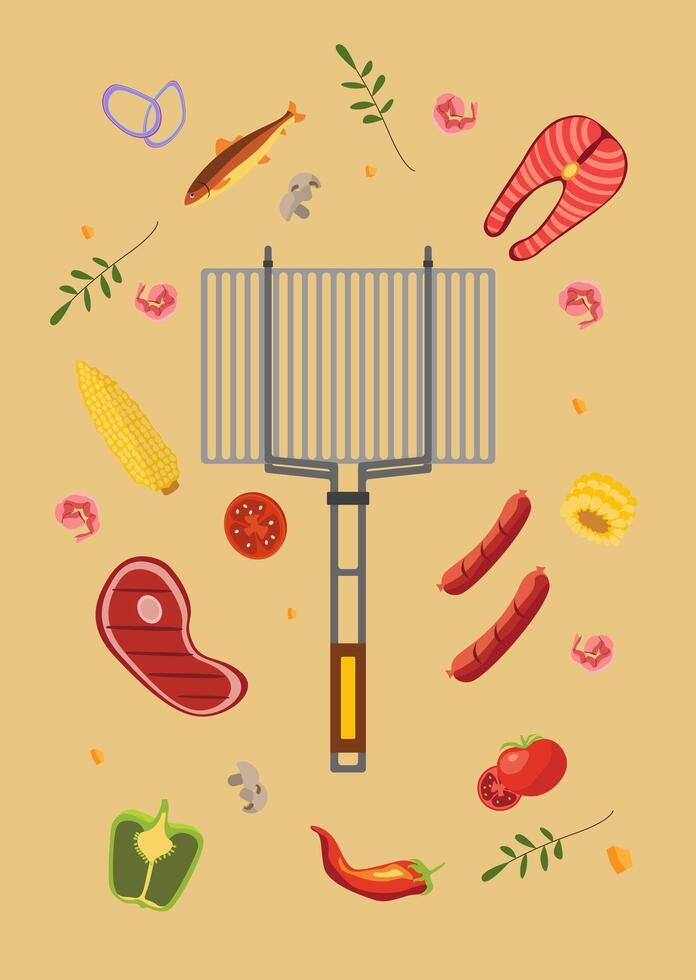 Grill grate with meat, fish, vegetables, and herbs arranged around it. Includes steak, sausages, corn, and chili. Suitable for BBQ, picnic or food related designs. vector