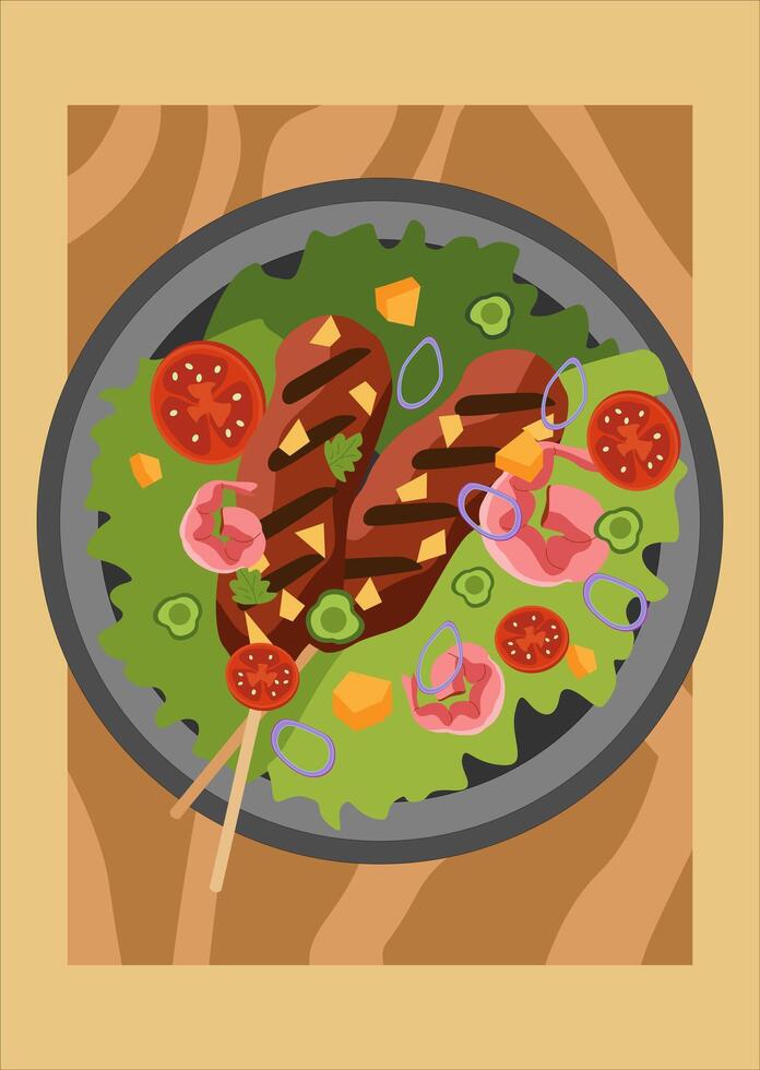Salad with grilled meat kebab, shrimp, tomato, onion and avocado. Served on a plate with wooden background. Suitable for food menu, recipe, lunch ideas or nutrition content vector