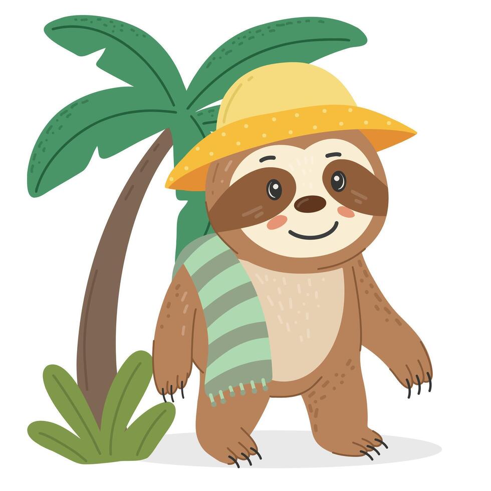 Sloth in hat and striped towel. For kids designs, vacation themes, and tropical content. White background. vector