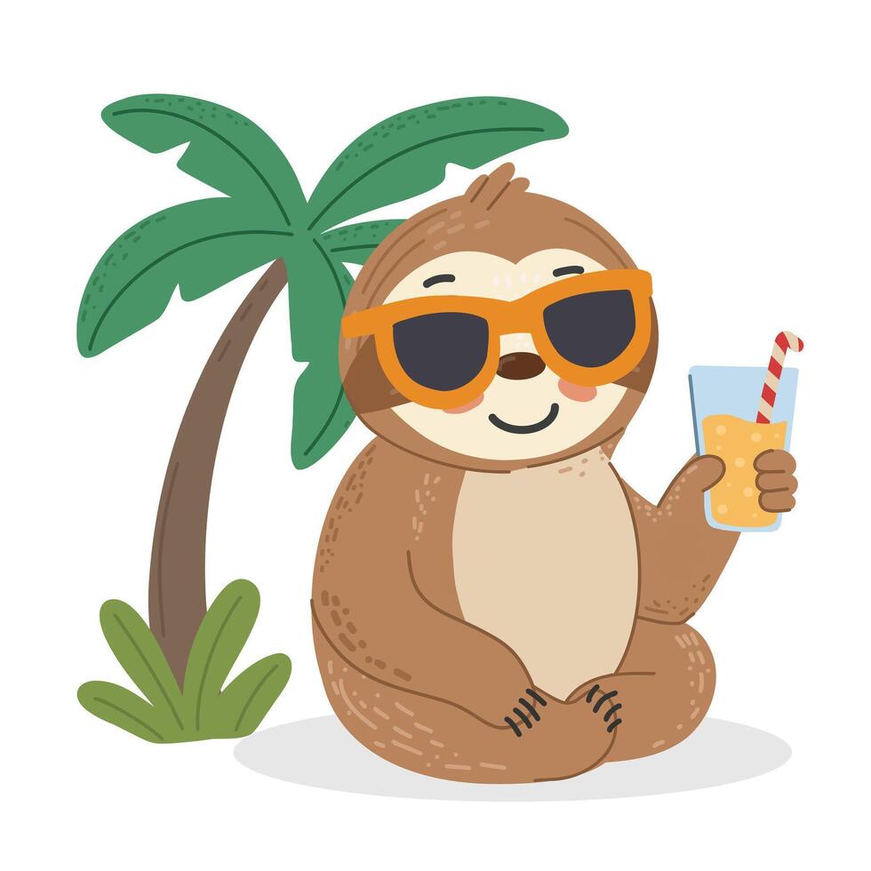 Sloth under palm with sunglasses and glass of juice. Smiling and relaxing in a tropical setting. Perfect for summer, vacation, or kids designs. vector