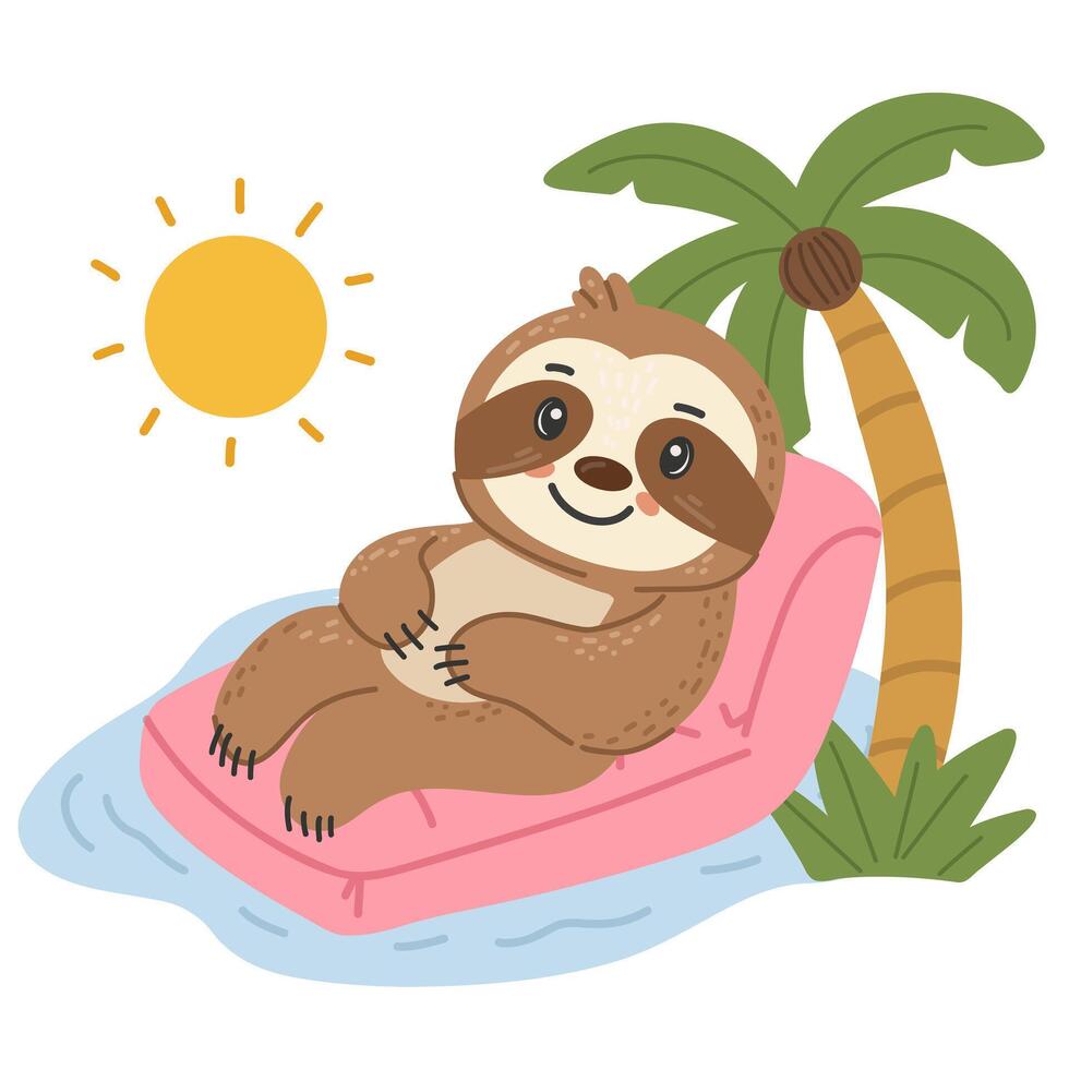 Sloth on pink pool float under sun. Palm trees and water. For summer designs and kids content. vector