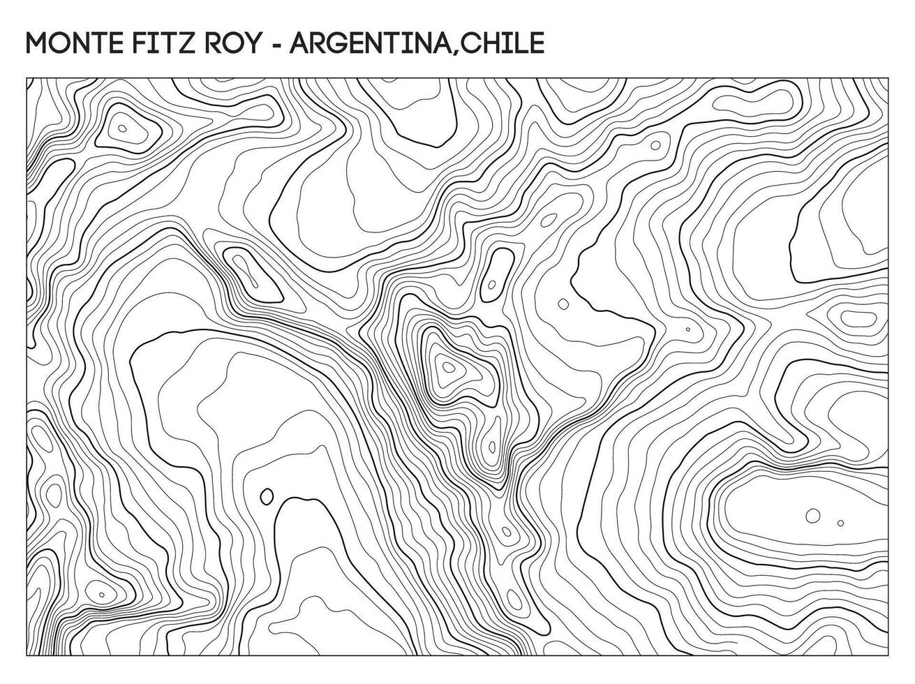Topographic contour map of Monte Fitz Roy in Patagonia spanning Argentina and Chile with rugged elevation detail. Contour lines terrain background. vector