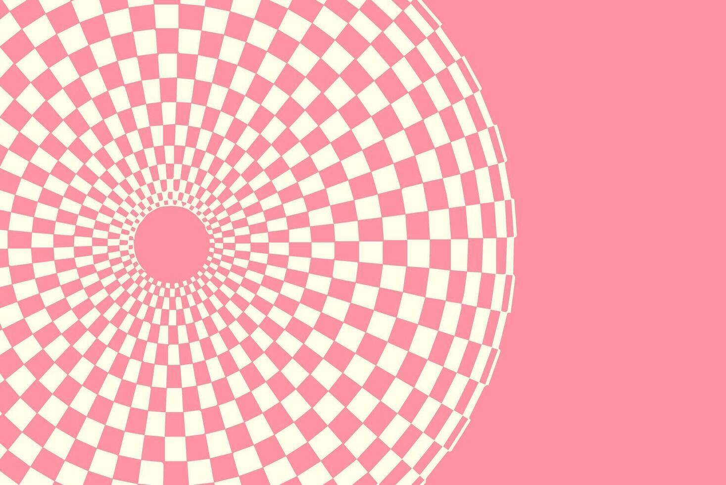 Abstract optical illusion with a pink and cream checkered vortex. Geometric tunnel effect with a warped perspective, creating a hypnotic and surreal depth illusion, ideal for backgrounds, wallpapers vector
