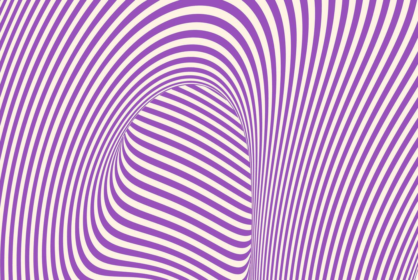 Abstract optical illusion background with purple and beige wavy lines creating a warped tunnel effect. Psychedelic pattern with curved stripes and distorted perspective for modern graphic design. vector