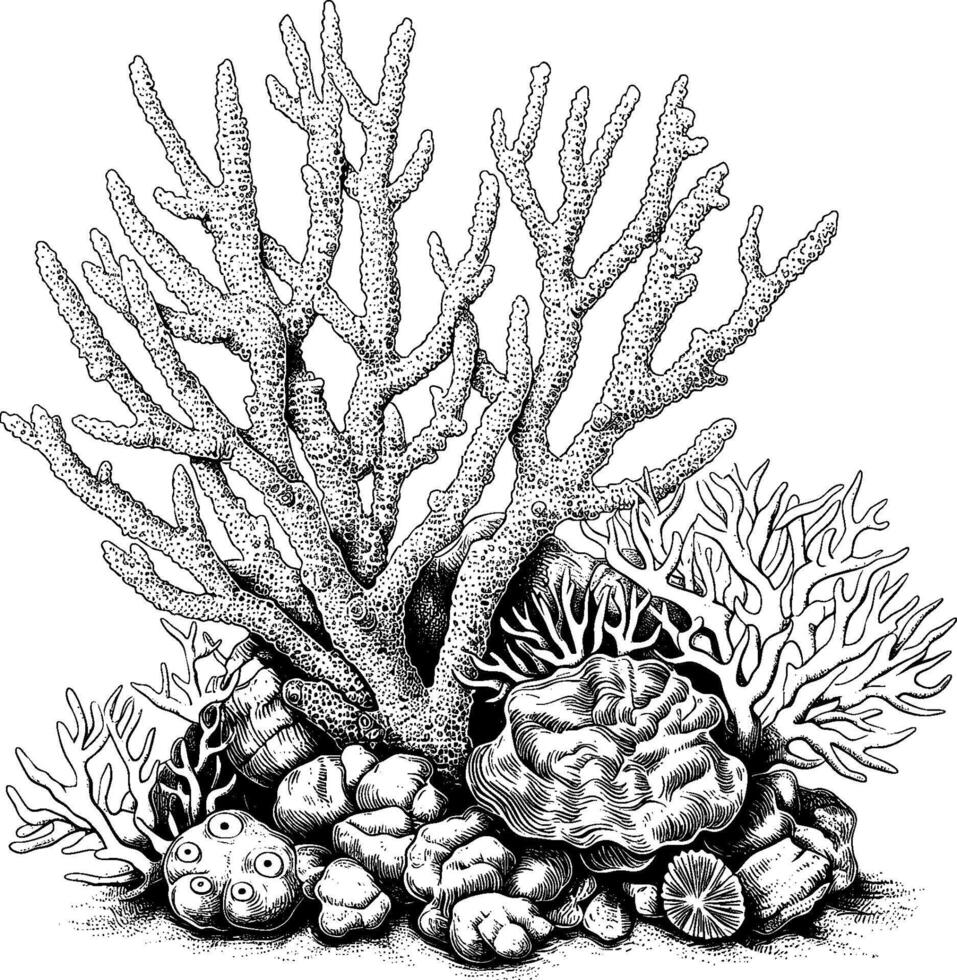 Black and white illustration of coral reef with diverse coral structures vector