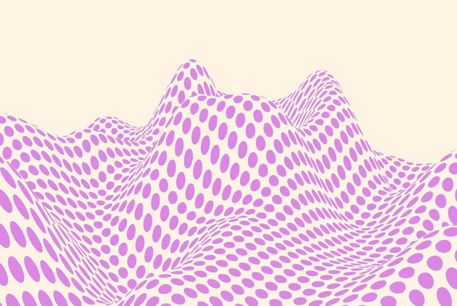 Abstract wavy landscape with pink polka dot pattern on a beige background, featuring optical illusion, 3D depth effect, and surreal geometric design. Modern digital artwork with futuristic aesthetics. vector