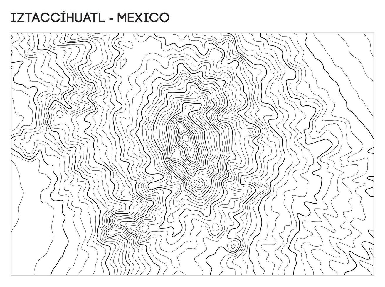 Topographic contour map of Iztaccihuatl volcano in Mexico showing layered elevation and volcanic relief. Contour lines terrain background. vector
