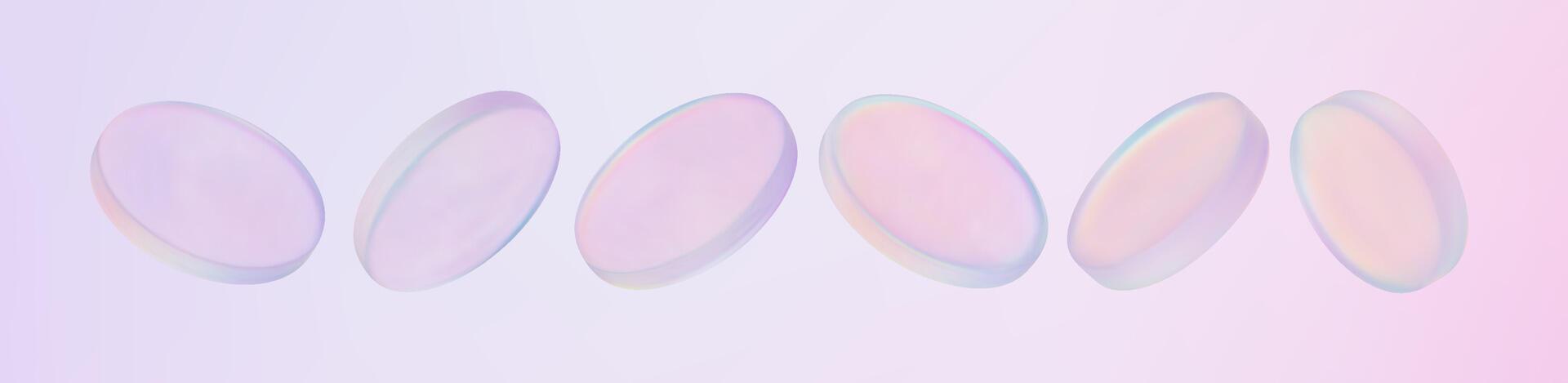 3D holographic glass coin icons floating on soft pink and purple gradient background. Chrome badge with round disk in blue and pink. Transparent currency symbol shines in a realistic techno design. vector