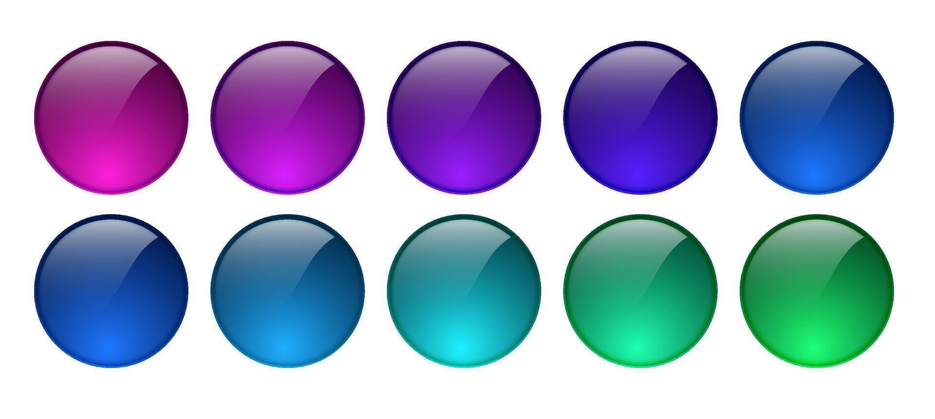 3d round game button icon set in blue, green, purple color. ball circle badge vector