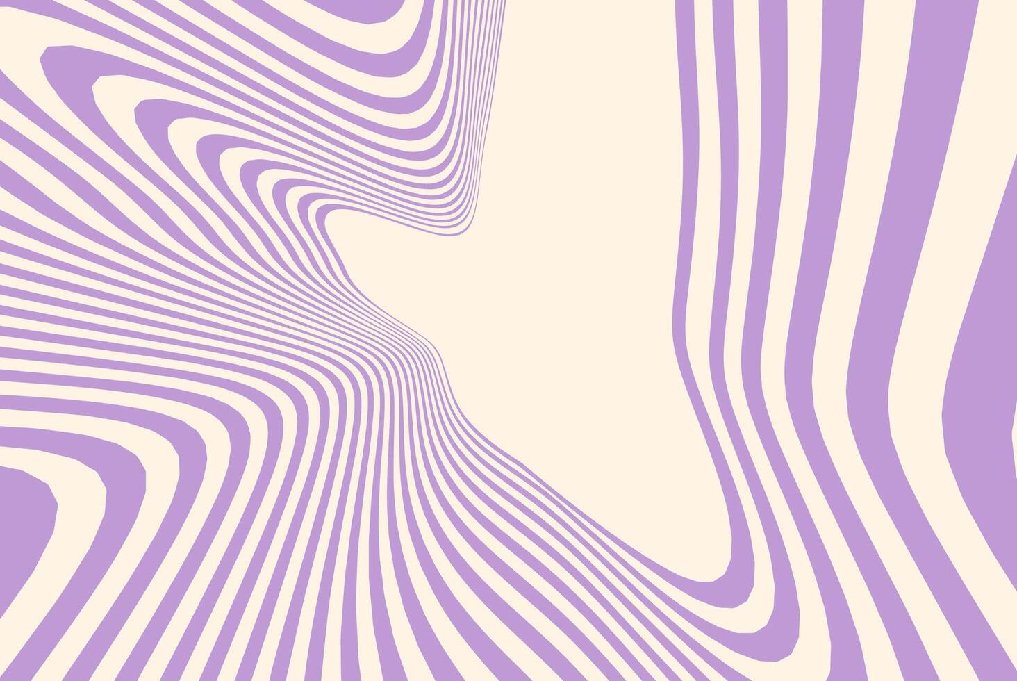 Abstract optical illusion background with purple and beige wavy lines creating a dynamic vortex effect. Psychedelic pattern with distorted curved stripes for retro futuristic design. vector