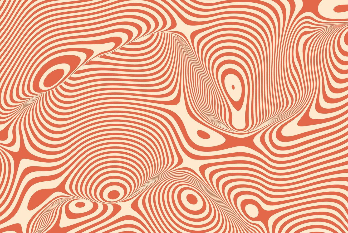 Abstract wavy pattern with curved orange and beige lines creating an optical illusion of depth and fluid motion. Modern digital artwork featuring dynamic flow, surreal distortion, and a hypnotic vector