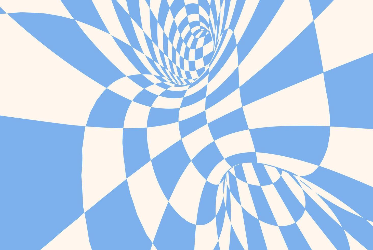 Abstract optical illusion with a blue and cream checkered pattern. Warped geometric design with a dynamic 3D tunnel effect, creating a surreal and hypnotic visual, perfect for modern digital art vector