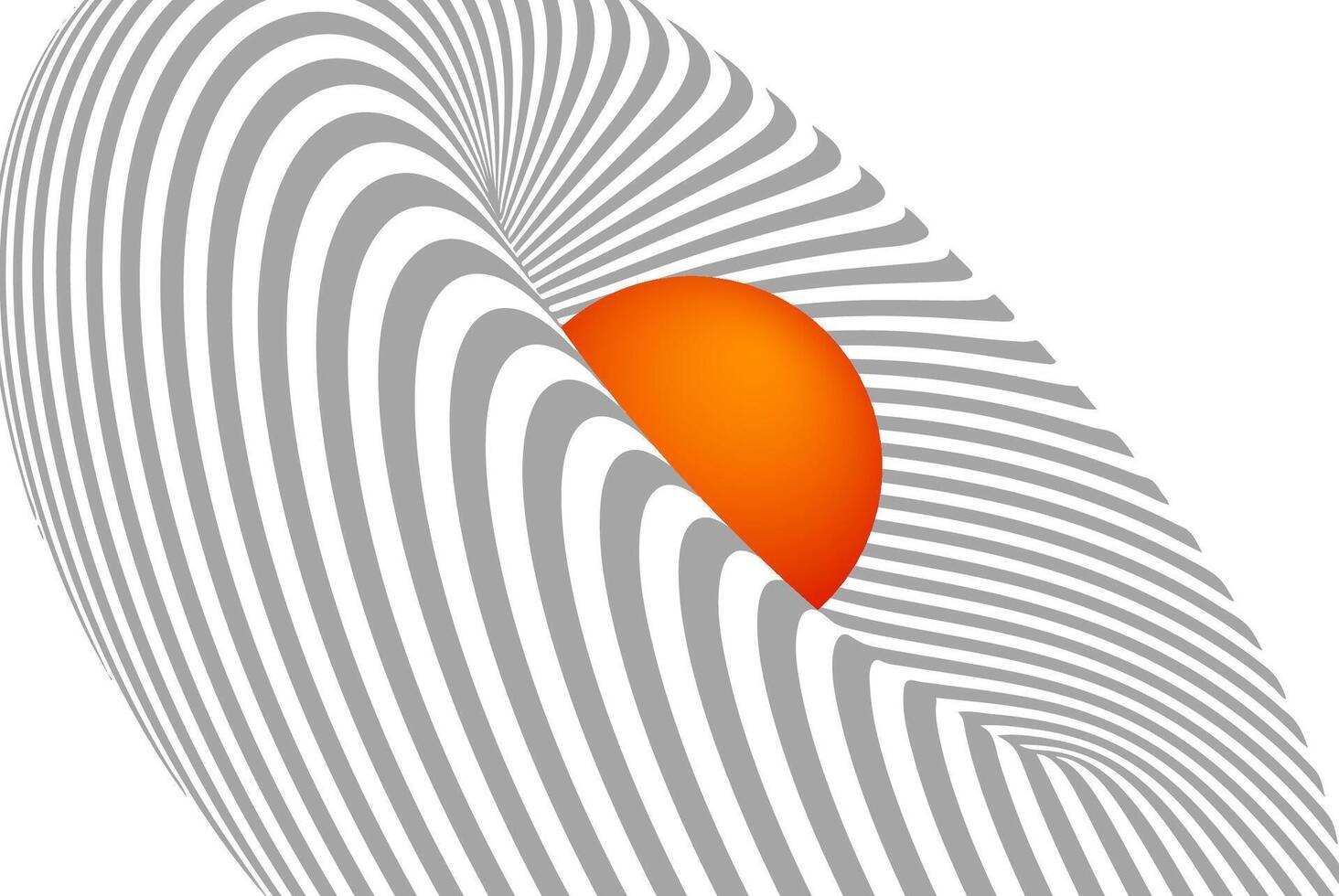 Abstract optical illusion with wavy gray lines and vibrant orange sun on a white background. Futuristic geometric design with surreal depth effect, flowing curves, and modern minimalism. vector