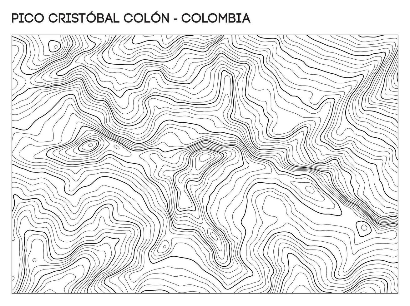 Topographic contour map of Pico Cristobal Colon mountain in Colombia showing complex elevation and ridgeline structure. Contour lines terrain background. vector