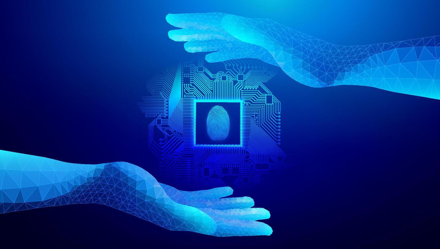 Biometric fingerprint scan protected by polygonal hands. Digital AI concept. Connect data for secure identity. Cyber circuit and chip graphics enhance futuristic tech security. vector