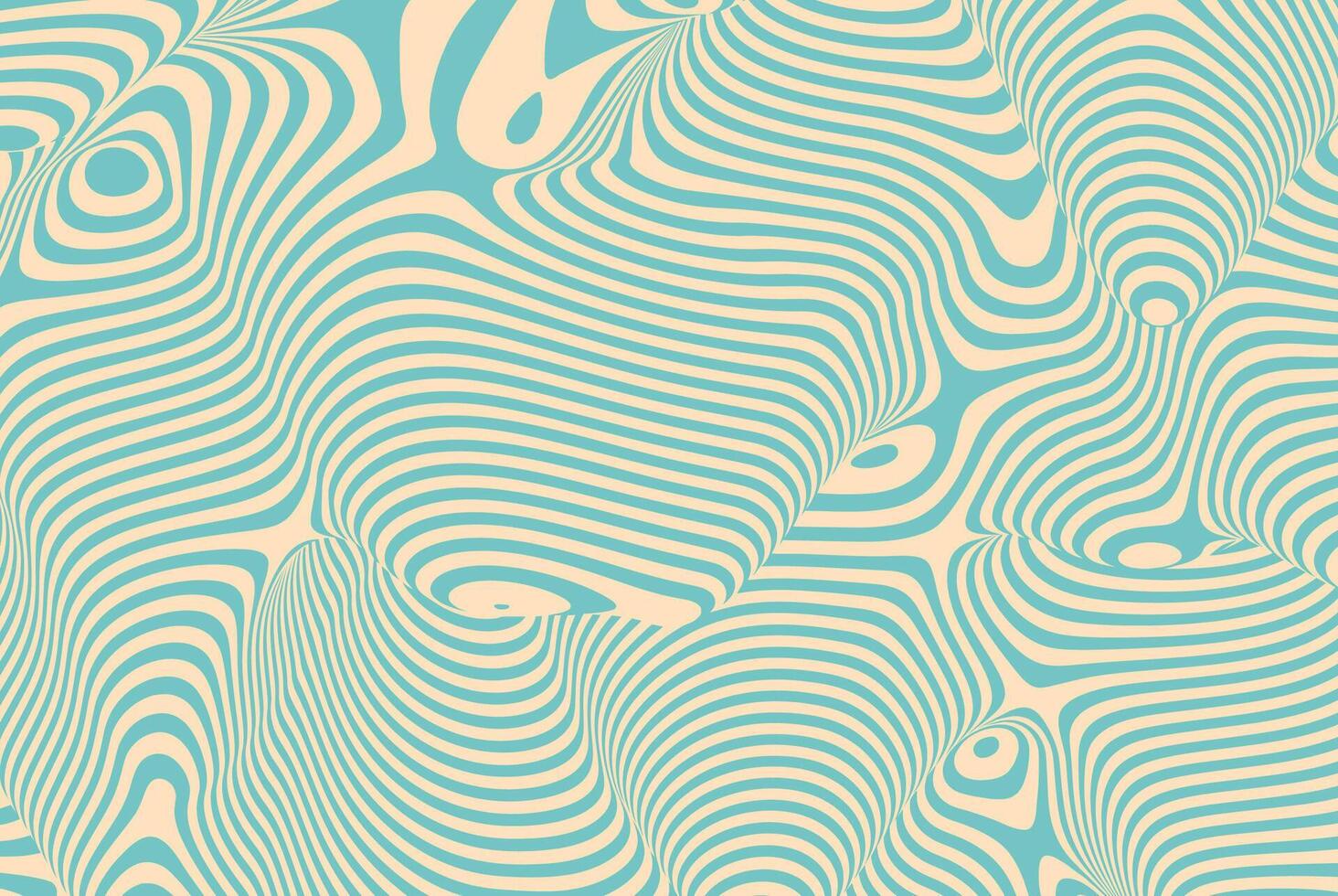 Abstract wavy pattern with teal and beige curved lines creating an optical illusion of depth and movement. Modern digital artwork featuring fluid shapes, dynamic flow, and surreal, hypnotic aesthetic. vector