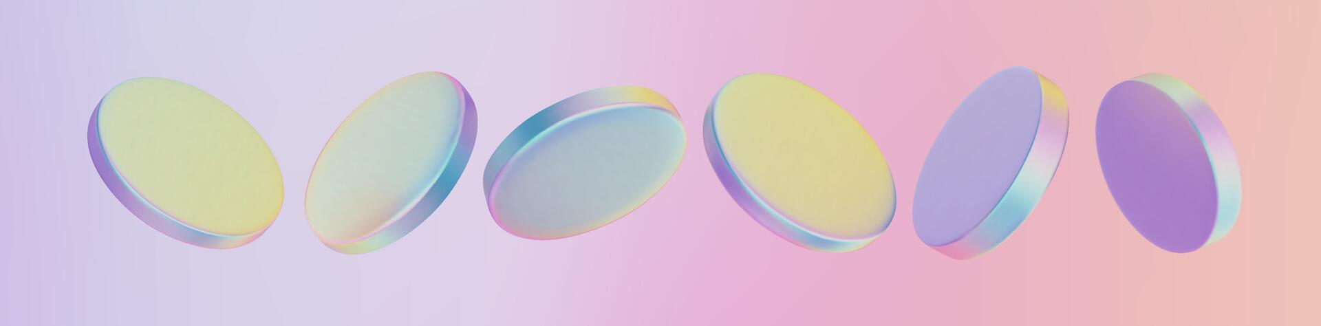 3d glass hologram coin icon, holographic badge on a podium. Neon chrome disk and crystal medal float on soft pastel gradient background. Transparent currency plate shows glossy translucent design. vector