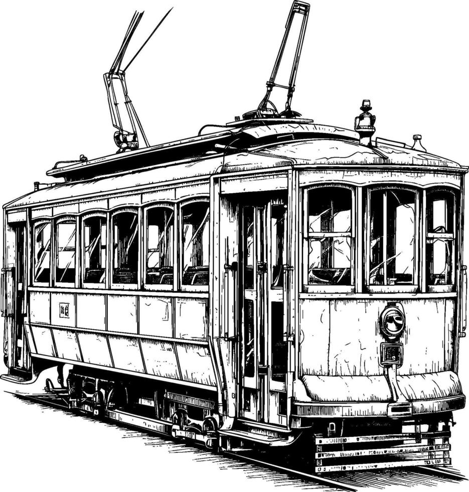 Vintage tram illustration with detailed structure and classic design in black and white vector
