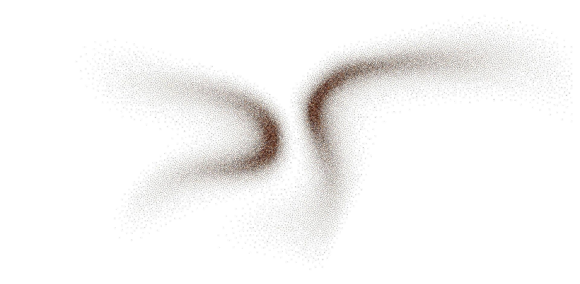 Coffee powder and chocolate cocoa dust with bean and cacao swirl. Brown background with flying particles, splash effect and scattered grains. Realistic 3D top view of food burst in motion. vector