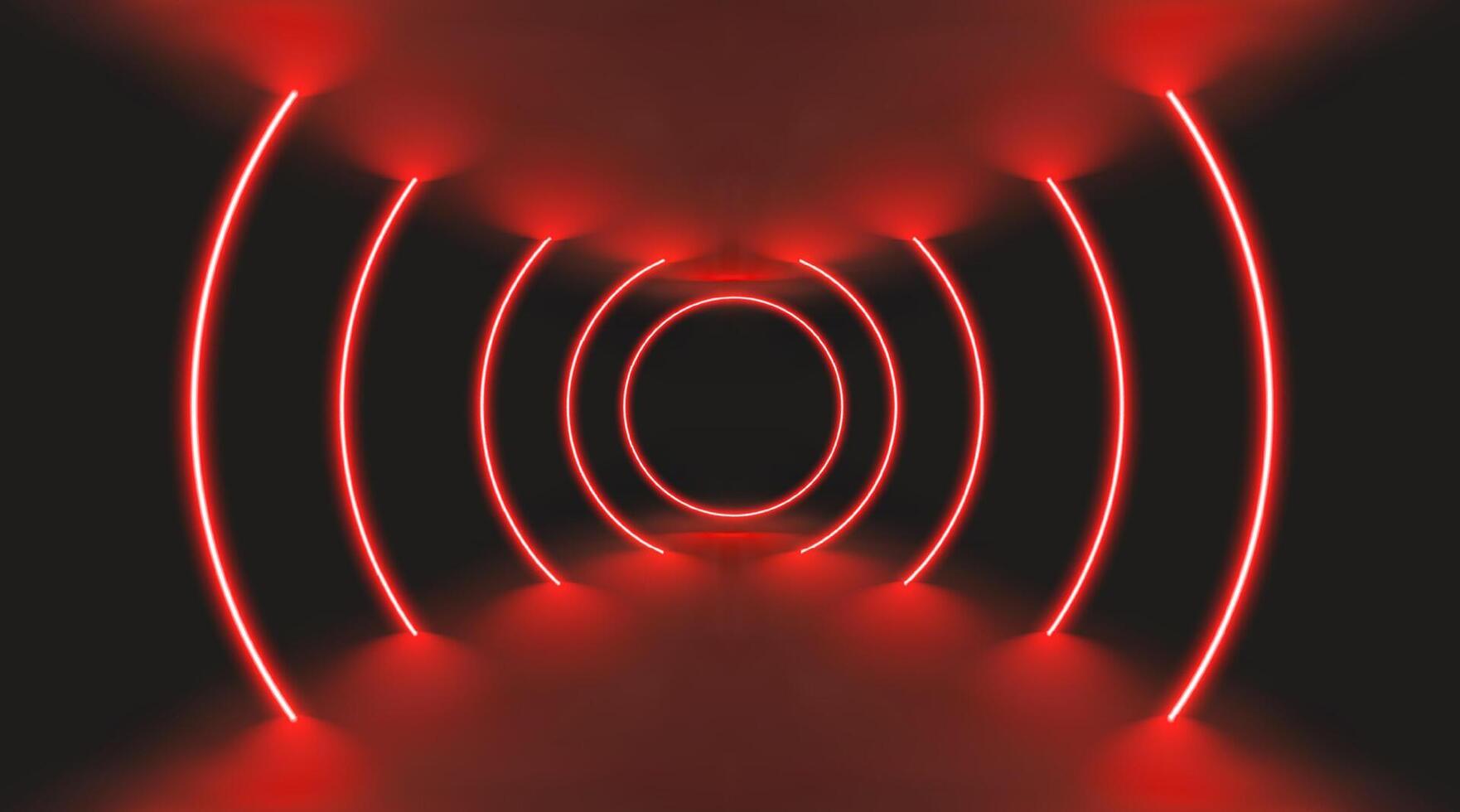 Red casino background with abstract stage and neon black light. Laser arrows and glowing lines form 3D LED concentric ring lights. Futuristic retro neon tunnel corridor. vector