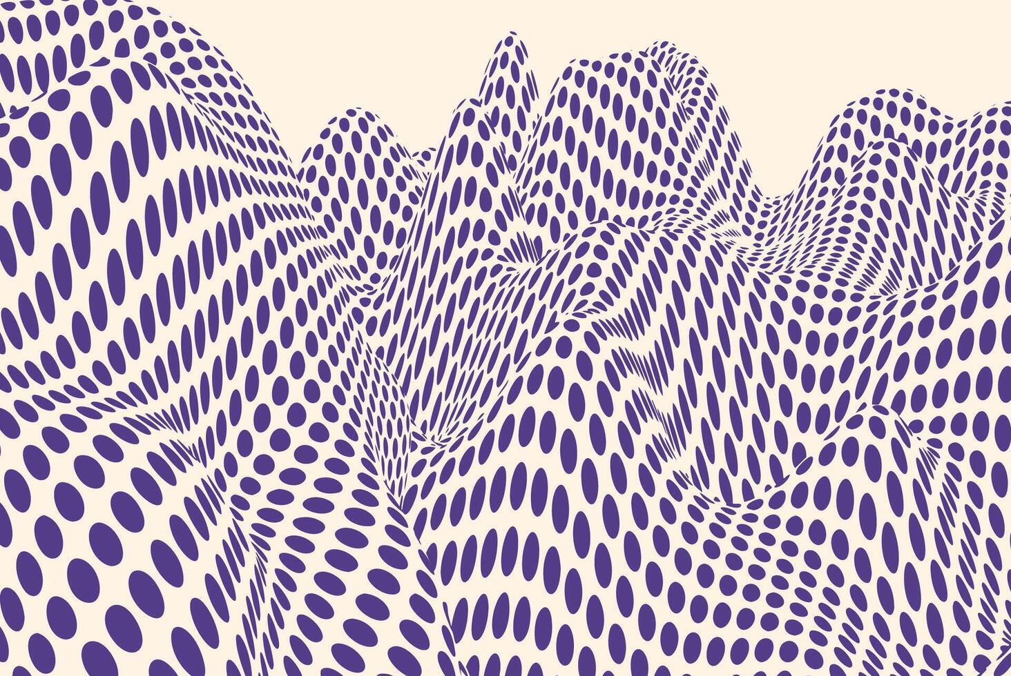 Abstract wavy landscape with bold purple polka dot pattern on a beige background, creating an optical illusion effect with depth and motion. Modern digital artwork featuring fluid shapes and a surreal vector