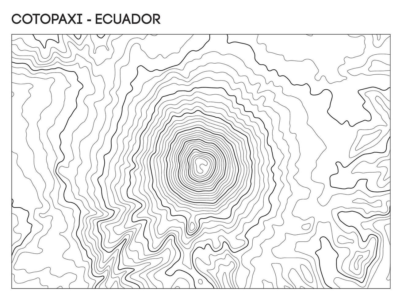 Topographic contour map of Cotopaxi volcano in Ecuador displaying symmetrical elevation structure and crater peak. Contour lines terrain background. vector