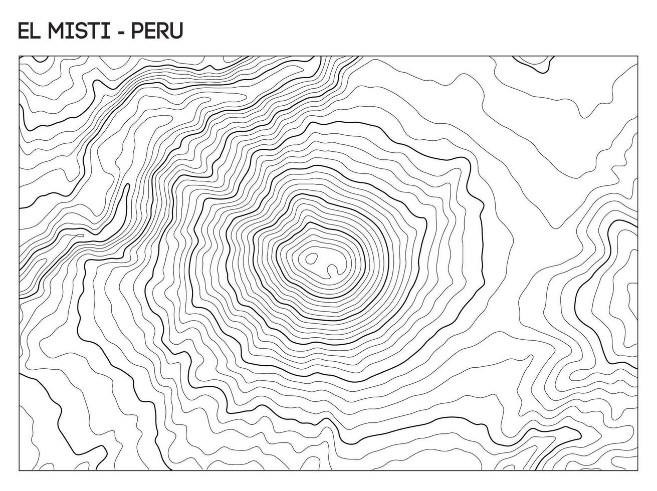 Topographic contour map of El Misti volcano in Peru showing central crater and symmetrical elevation contours. Contour lines terrain background. vector