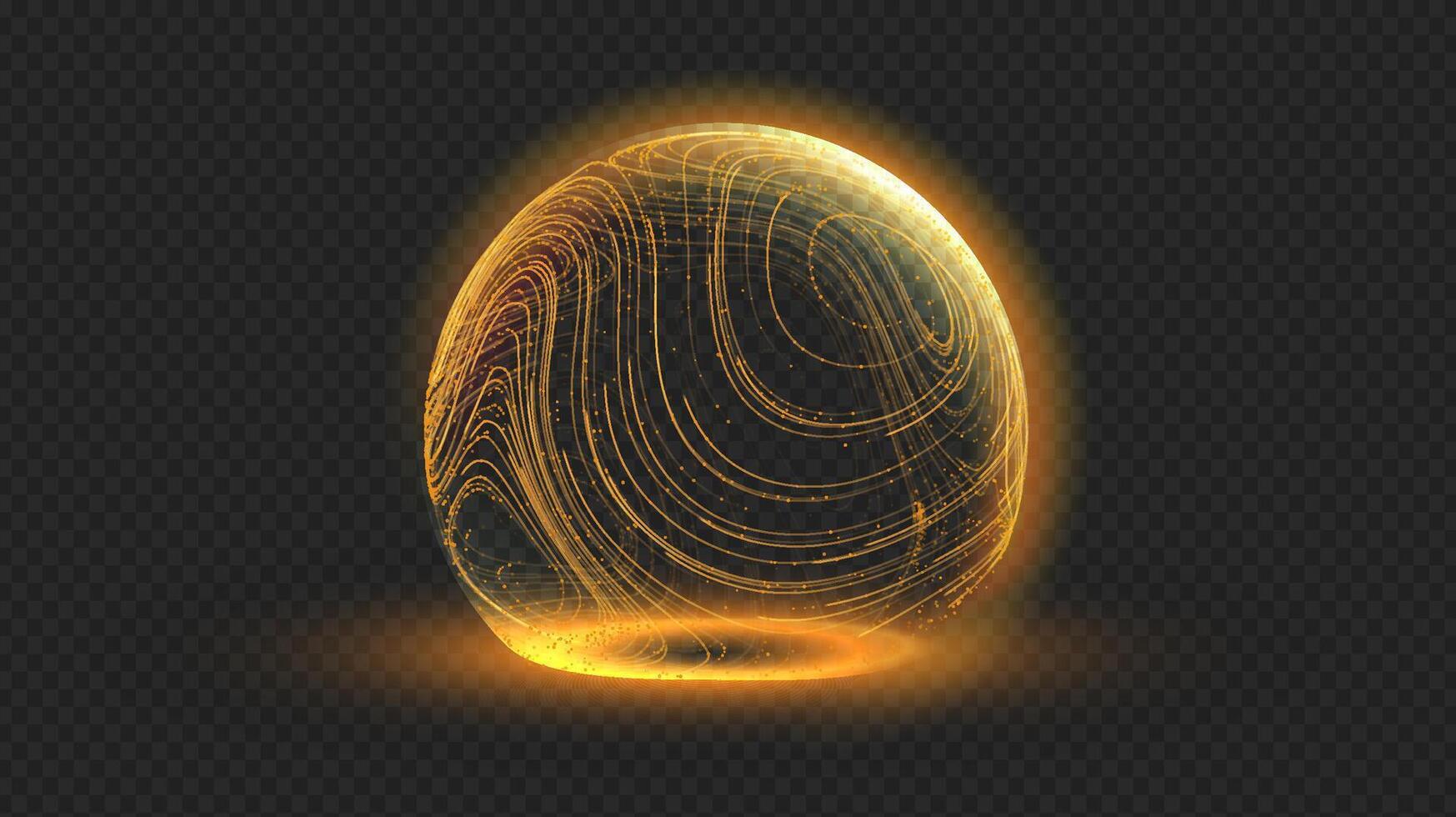 Gold sphere shield in 3d dome effect with tech globe ball for protect secure bg. Abstract light pattern by planet energy and digital line connects global network. vector