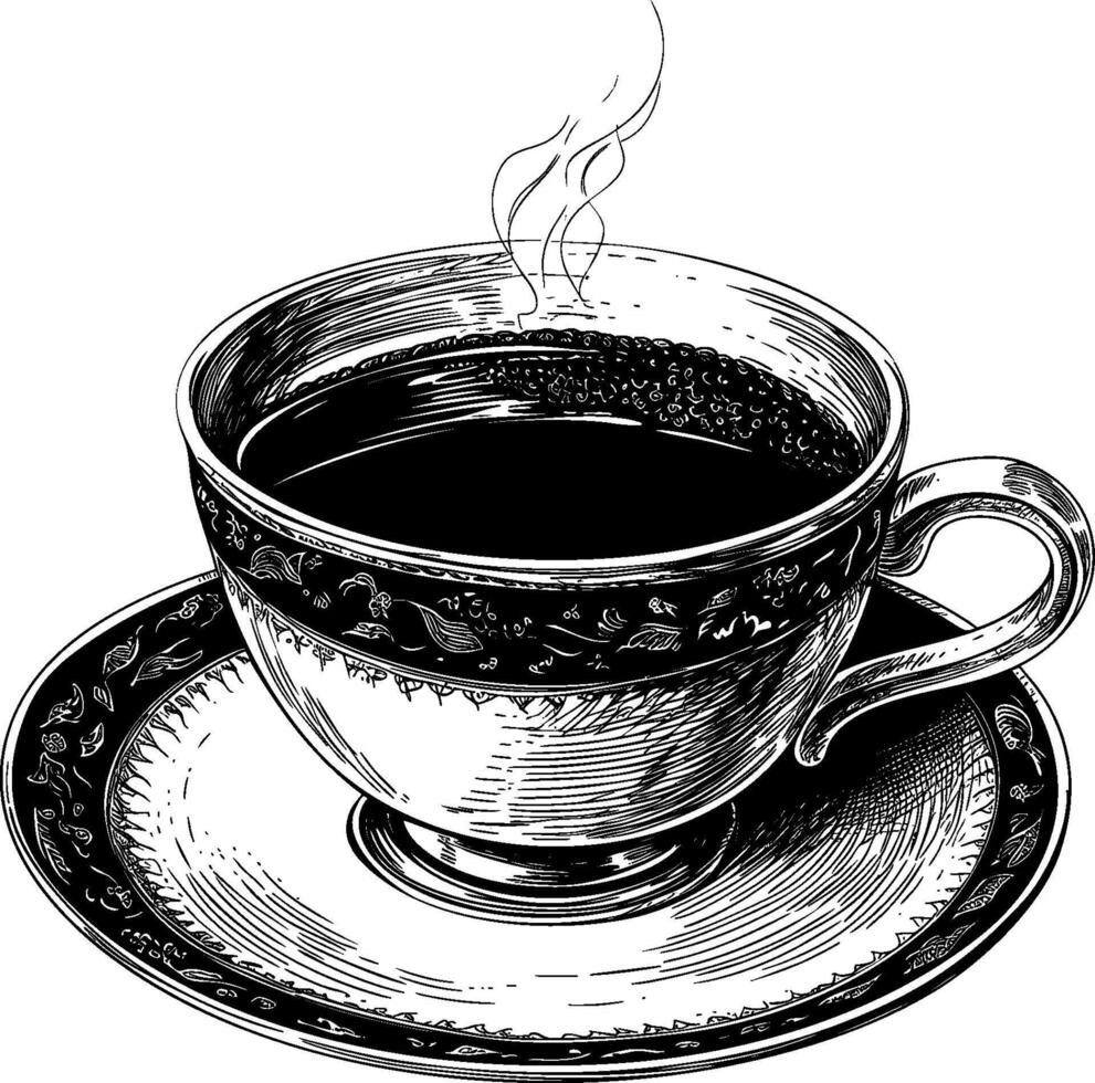 Elegant tea cup illustration with intricate designs on saucer and steam rising vector