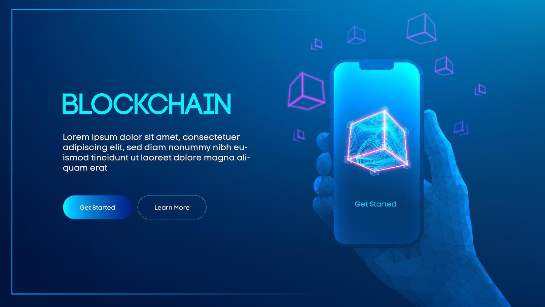 Blockchain 3D block on smartphone digital neon background. Chain data app crypto cube mobile fintech technology. Software economy concept bitcoin wallet tech future analytics cyber content. vector