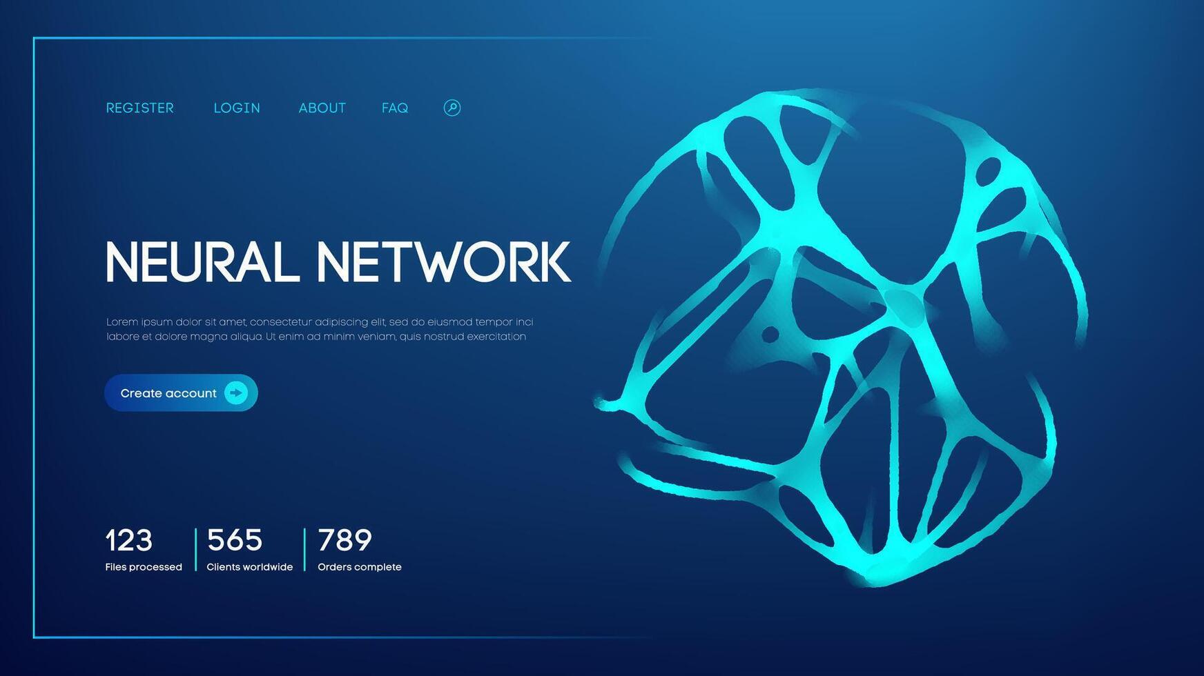 Neural network abstract artificial intelligence 3d illustration. Ai brain human neuron connection technology futuristic blue background. Digital data science tech concept, medical research. vector