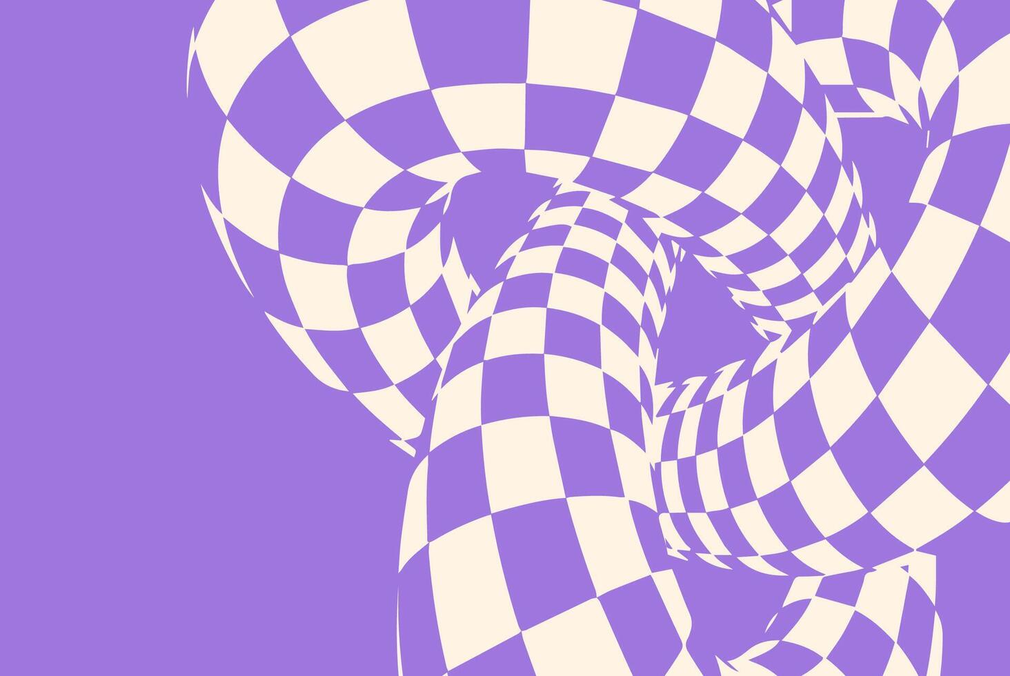 Abstract optical illusion with twisted checkered tubes in purple and beige. Geometric 3D effect creating a surreal, distorted visual pattern with warped motion and dynamic depth. vector