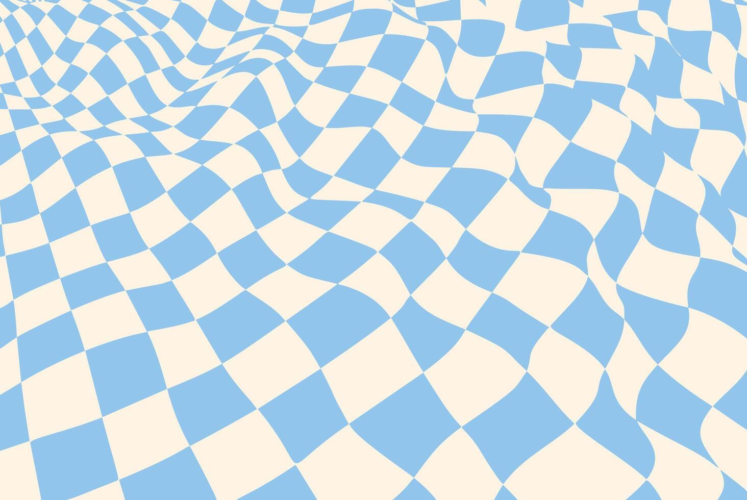 Abstract optical illusion with a blue and cream checkered pattern. Wavy geometric design creating a surreal and hypnotic effect, featuring a distorted checkerboard surface with flowing curves, ideal vector